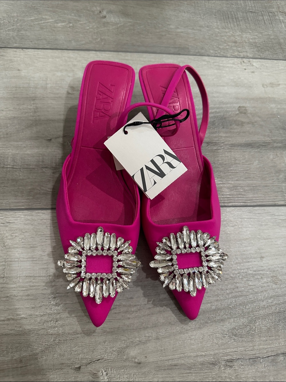 Zara Hot Pink Jewel-Buckled Pointed Slingback Mules